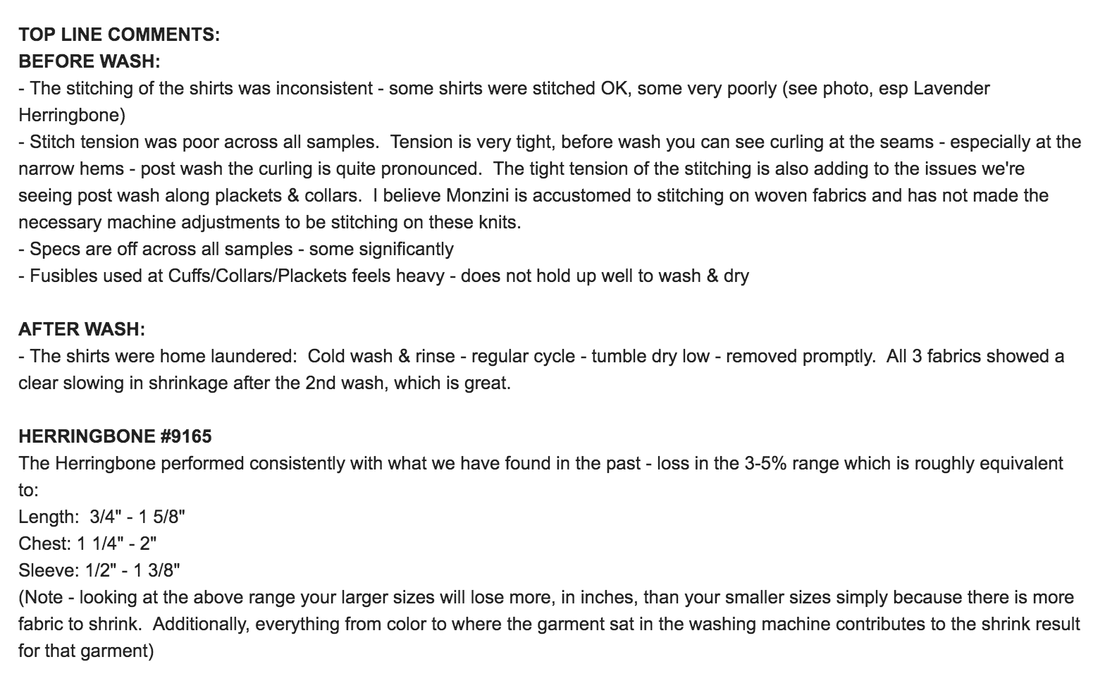 A typical wash testing report during our development process.