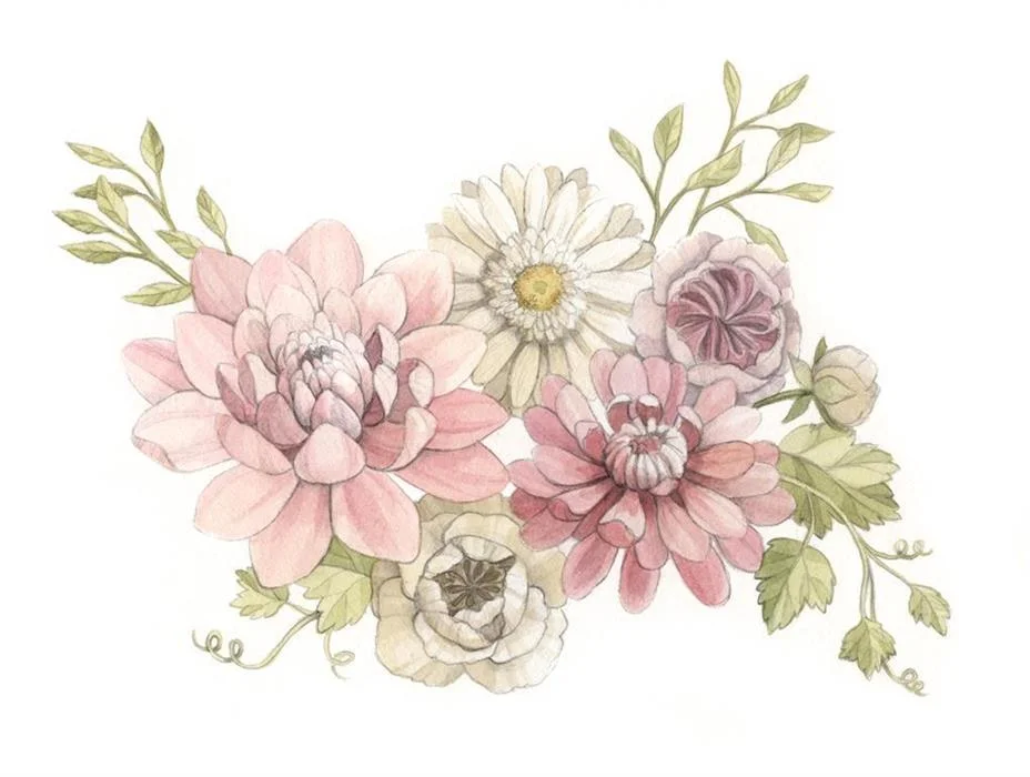 Pink Dahlia, Daisy and Rannunculus Watercolour Illustration by Alicia's Infinity - www.aliciasinfinity.com