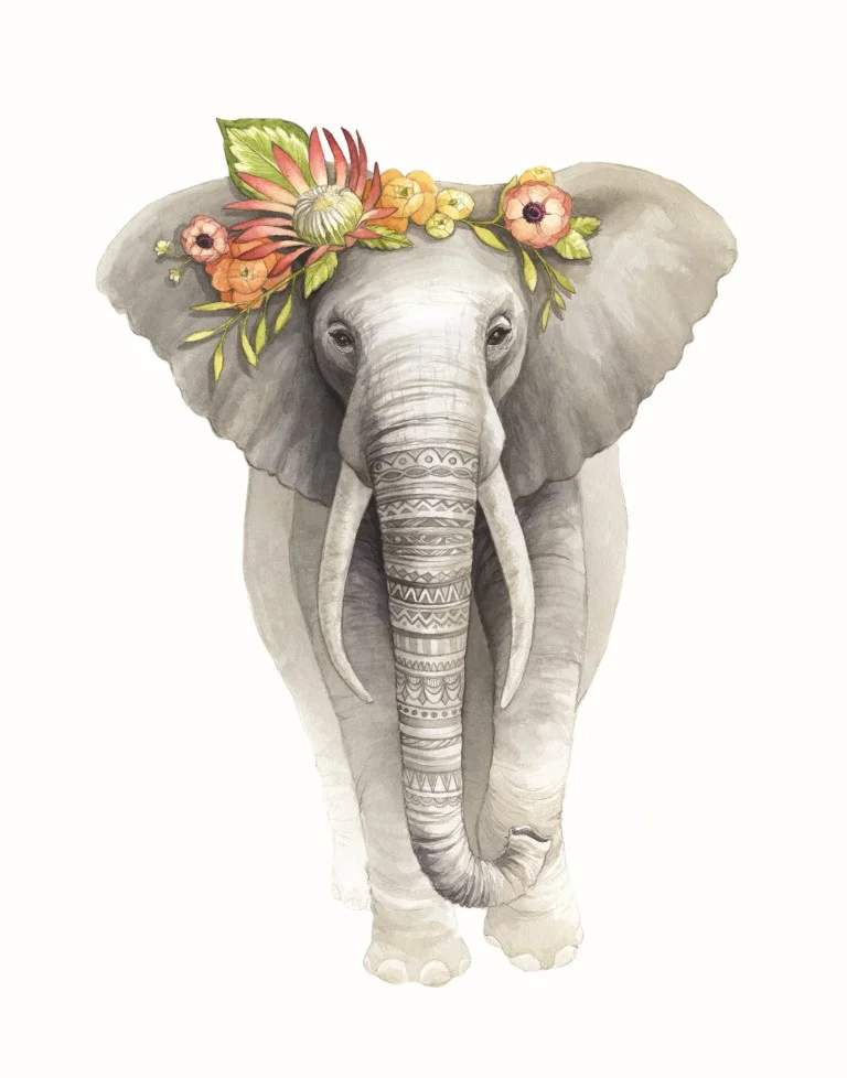 Elephant with Flower Crown Watercolour Illustration by Alicia's Infinity - www.aliciasinfinity.com