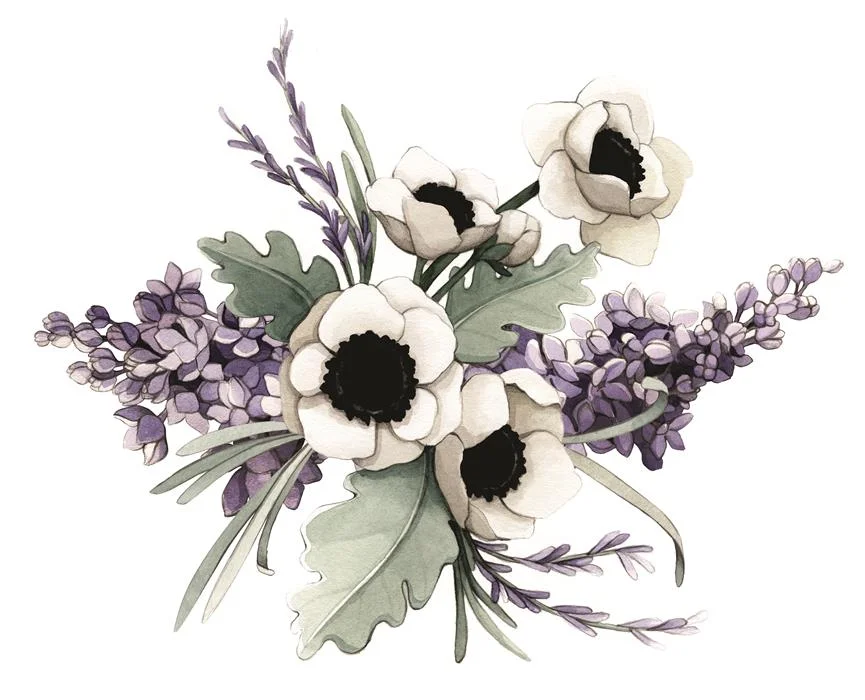 Lilac, Lavender, Poppy & Dusty Miller Watercolour Illustration by Alicia's Infinity - www.aliciasinfinity.com