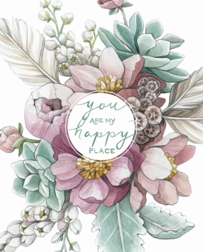 "You are my happy place" Mauve floral and succulent Watercolour Illustration by Alicia's Infinity - www.aliciasinfinity.com