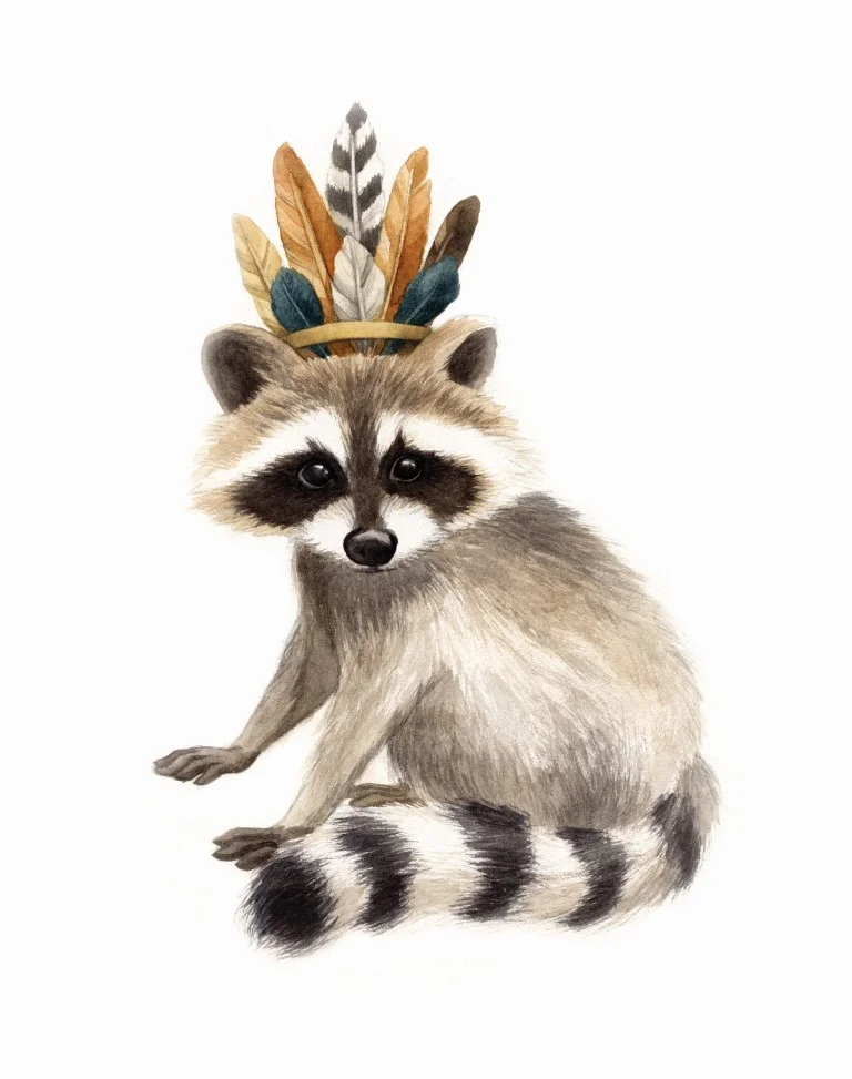 Raccoon with Feather Crown Watercolour Illustration by Alicia's Infinity - www.aliciasinfinity.com