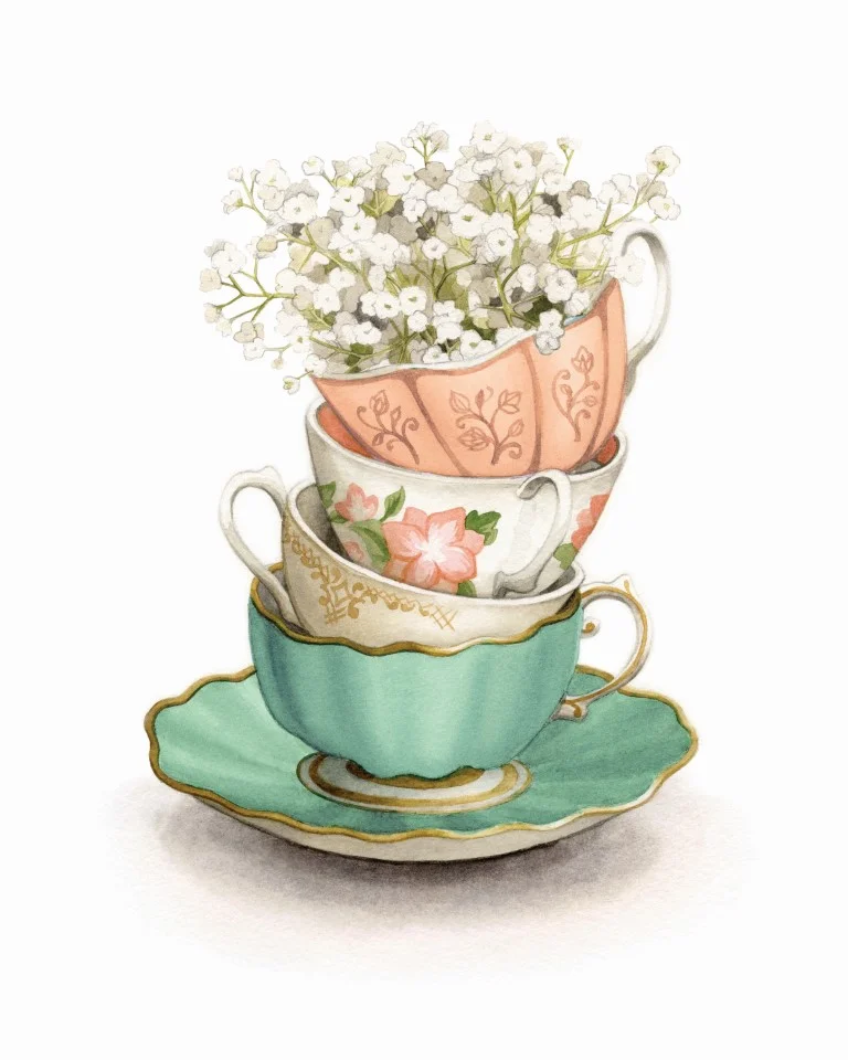 Vintage teacups with baby's breath Watercolour Illustration by Alicia's Infinity - www.aliciasinfinity.com