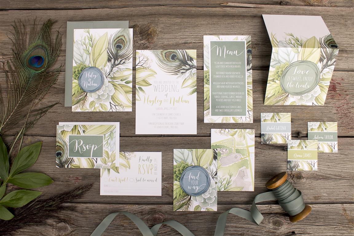 Boho Peacock Feather and Leaves Wedding Invitations by Alicia's Infinity - www.aliciasinfinity.com