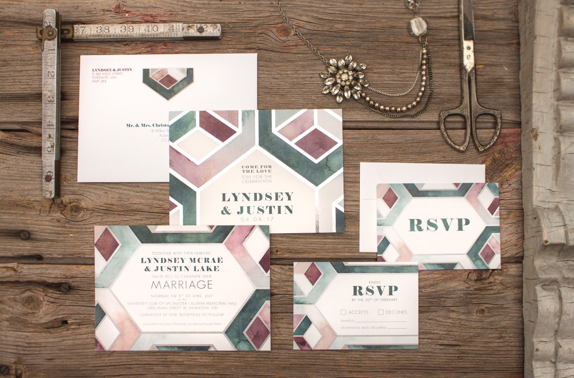 Modern Geometric Patterned Watercolour Wedding Invitations and Stationery by Alicia's Infinity - www.aliciasinfinity.com