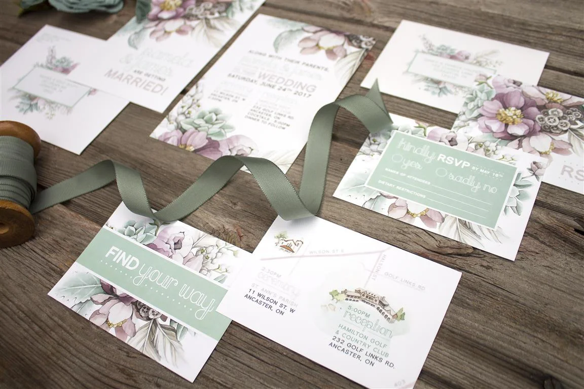 Mauve Peony and Mint Succulent Watercolour Wedding Invitations and Stationery by Alicia's Infinity - www.aliciasinfinity.com