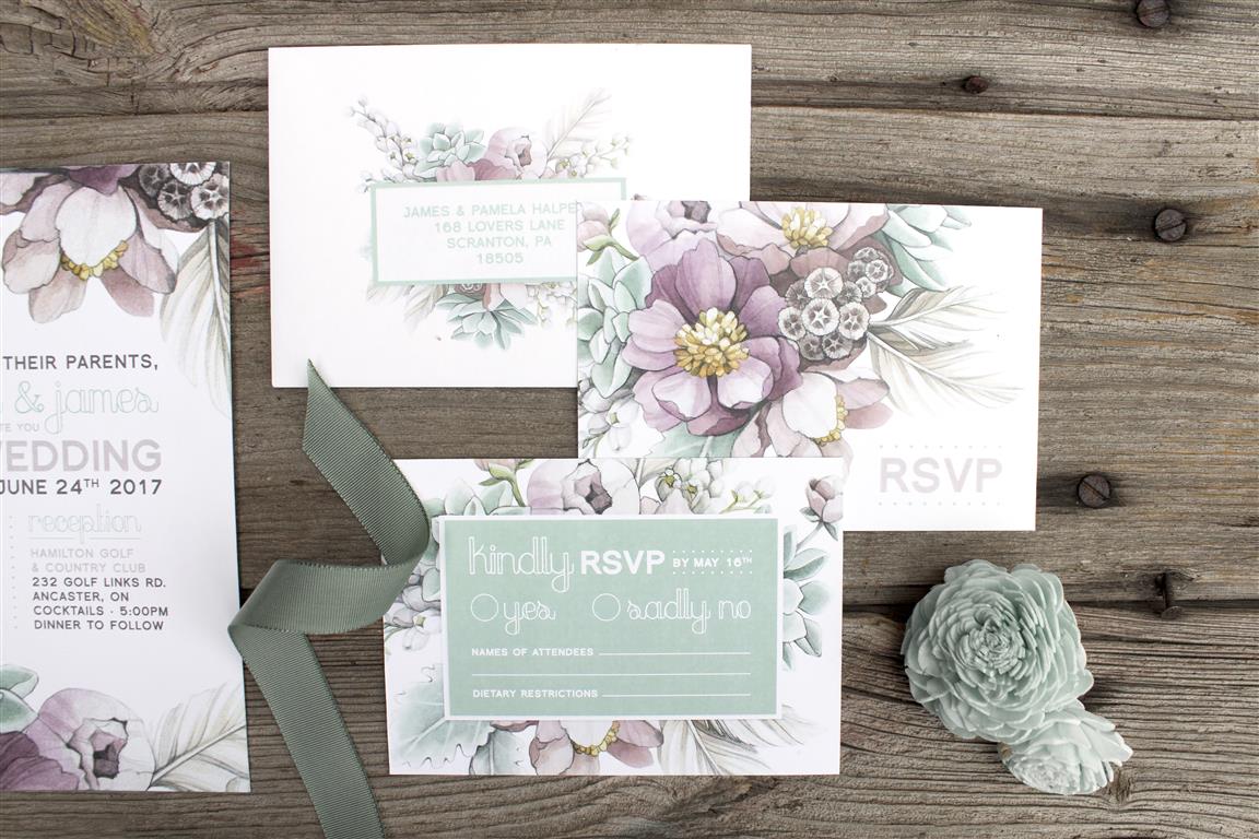 Mauve Peony and Mint Succulent Watercolour Wedding Invitations and Stationery by Alicia's Infinity - www.aliciasinfinity.com