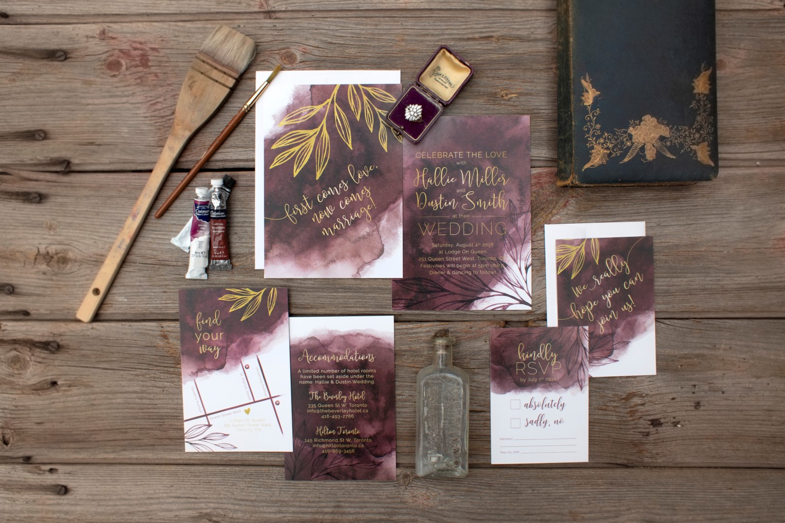 Watercolour Painted Wash with Leaves – Marsala Wedding Invitations and Stationery by Alicia's Infinity - www.aliciasinfinity.com