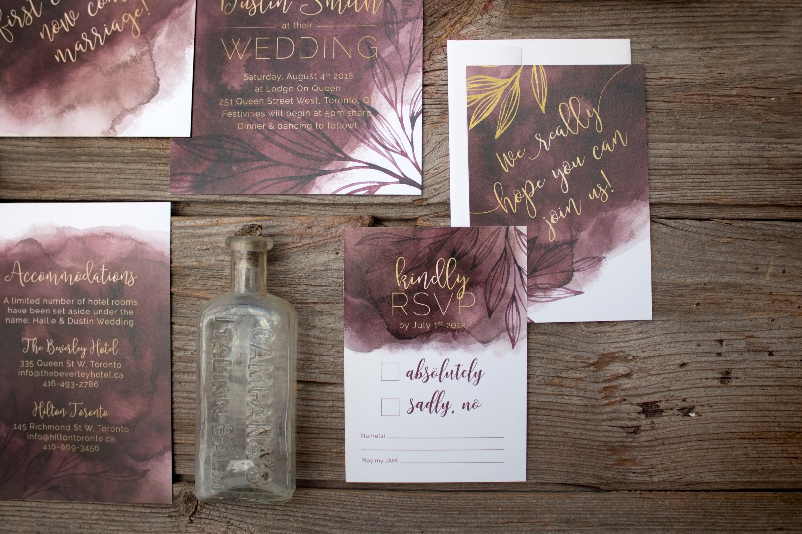 Watercolour Painted Wash with Leaves – Marsala Wedding Invitations and Stationery by Alicia's Infinity - www.aliciasinfinity.com