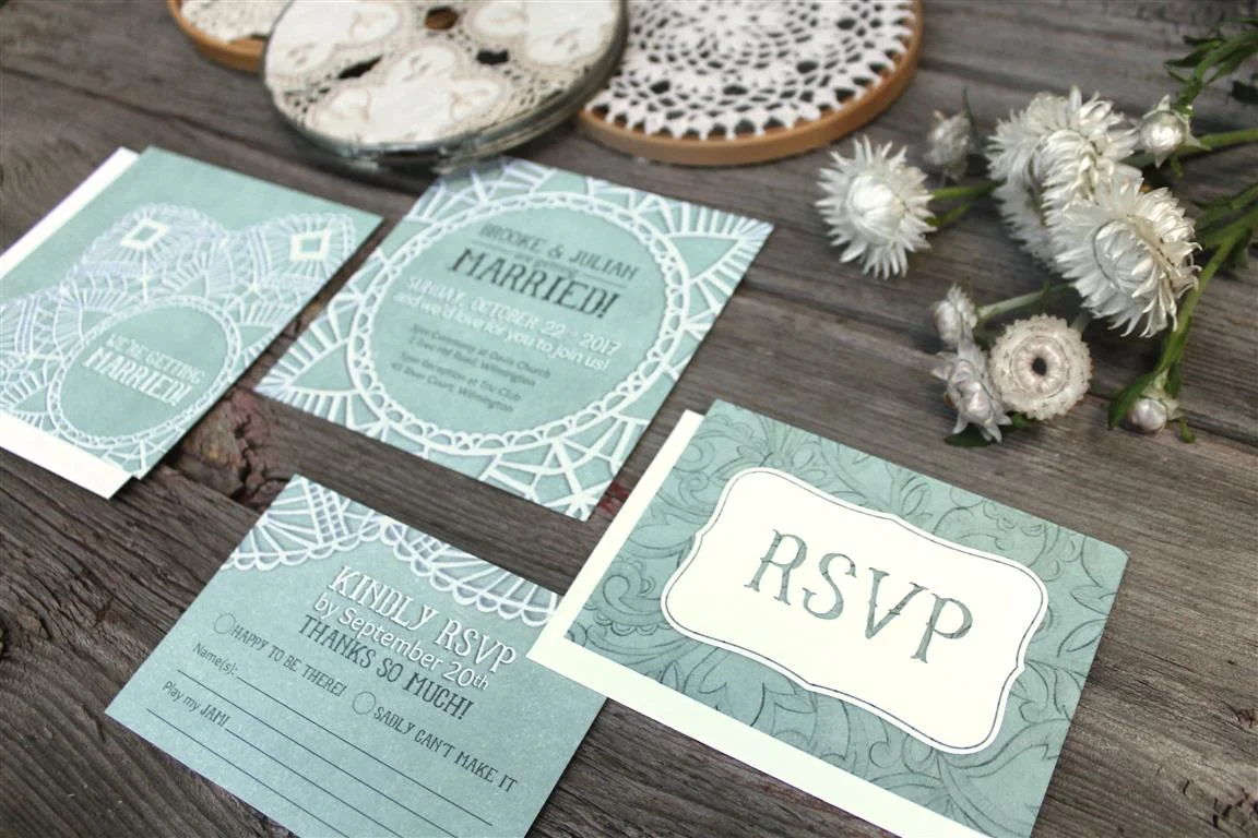 Mint Green painted Vintage Lace Wedding Invitations and Stationery by Alicia's Infinity - www.aliciasinfinity.com