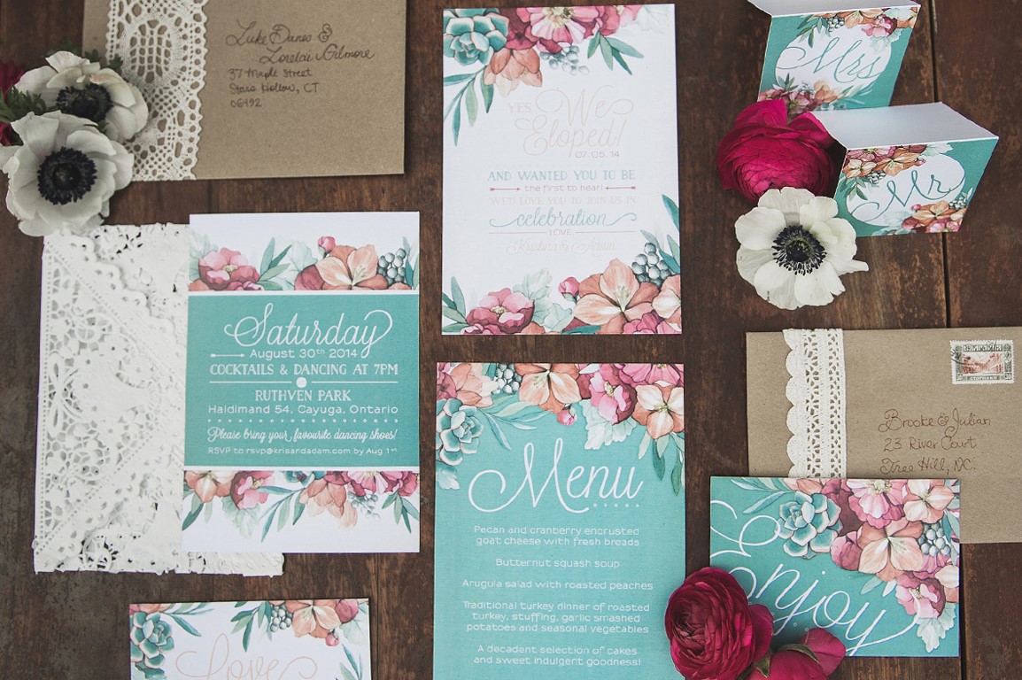 Peachy Coral Floral &amp; Mint Succulent Floral Wedding Invitations and Stationery by Alicia's Infinity - www.aliciasinfinity.com
