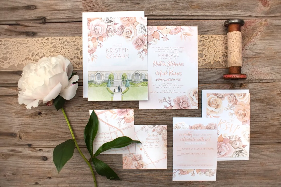 Rose Botanical with Custom Watercolour Venue Painting - Watercolour Wedding Invitations and Stationery by Alicia's Infinity - www.aliciasinfinity.com