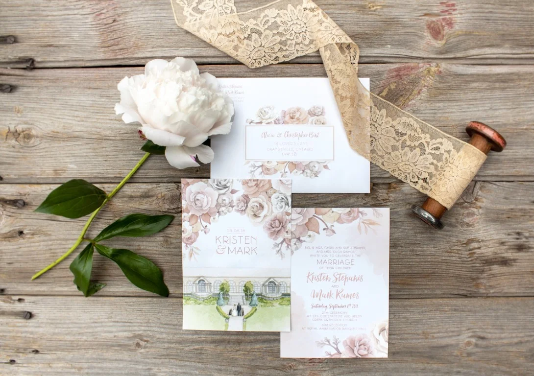 Rose Botanical with Custom Watercolour Venue Painting - Watercolour Wedding Invitations and Stationery by Alicia's Infinity - www.aliciasinfinity.com