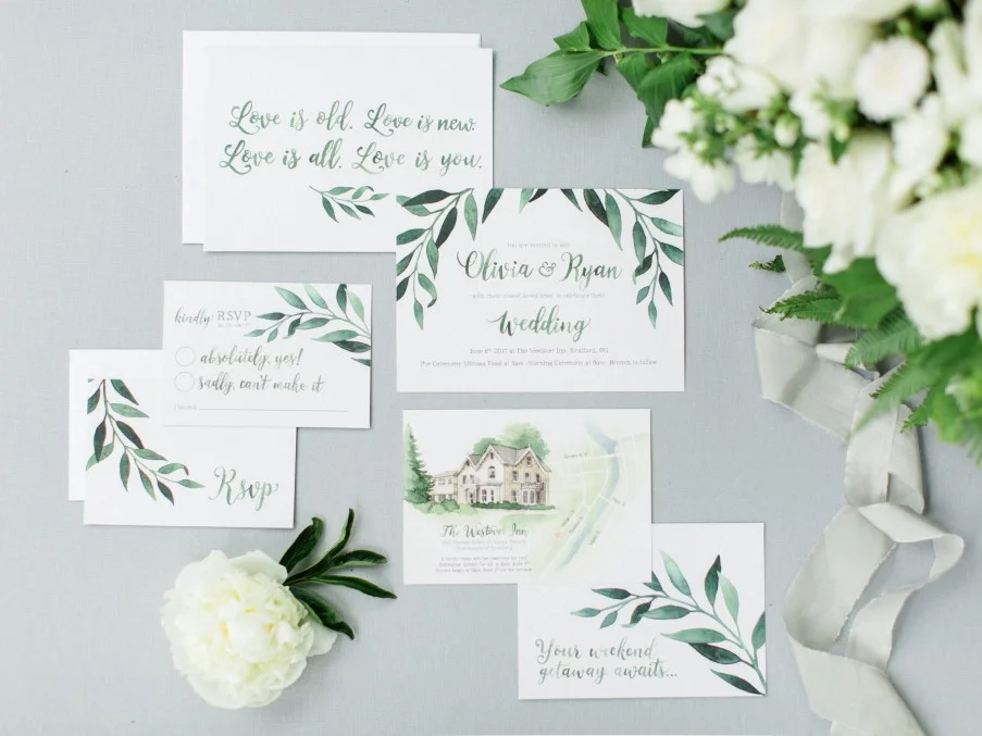 Simple and Elegant Greenery Garland Watercolour Wedding Invitations and Stationery by Alicia's Infinity - www.aliciasinfinity.com