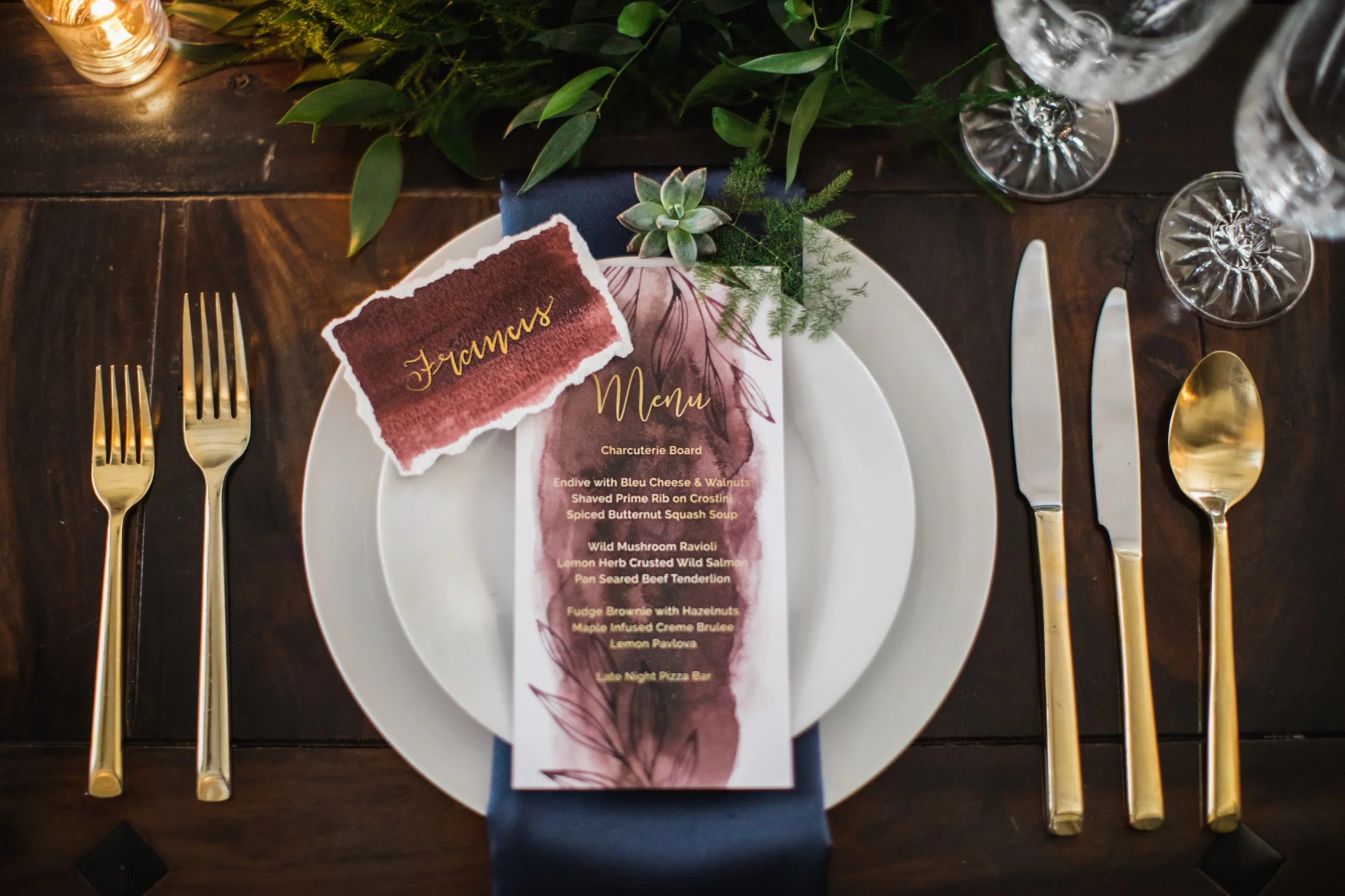 Watercolour Painted Wash with Leaves – Marsala Wedding Invitations and Stationery by Alicia's Infinity - www.aliciasinfinity.com