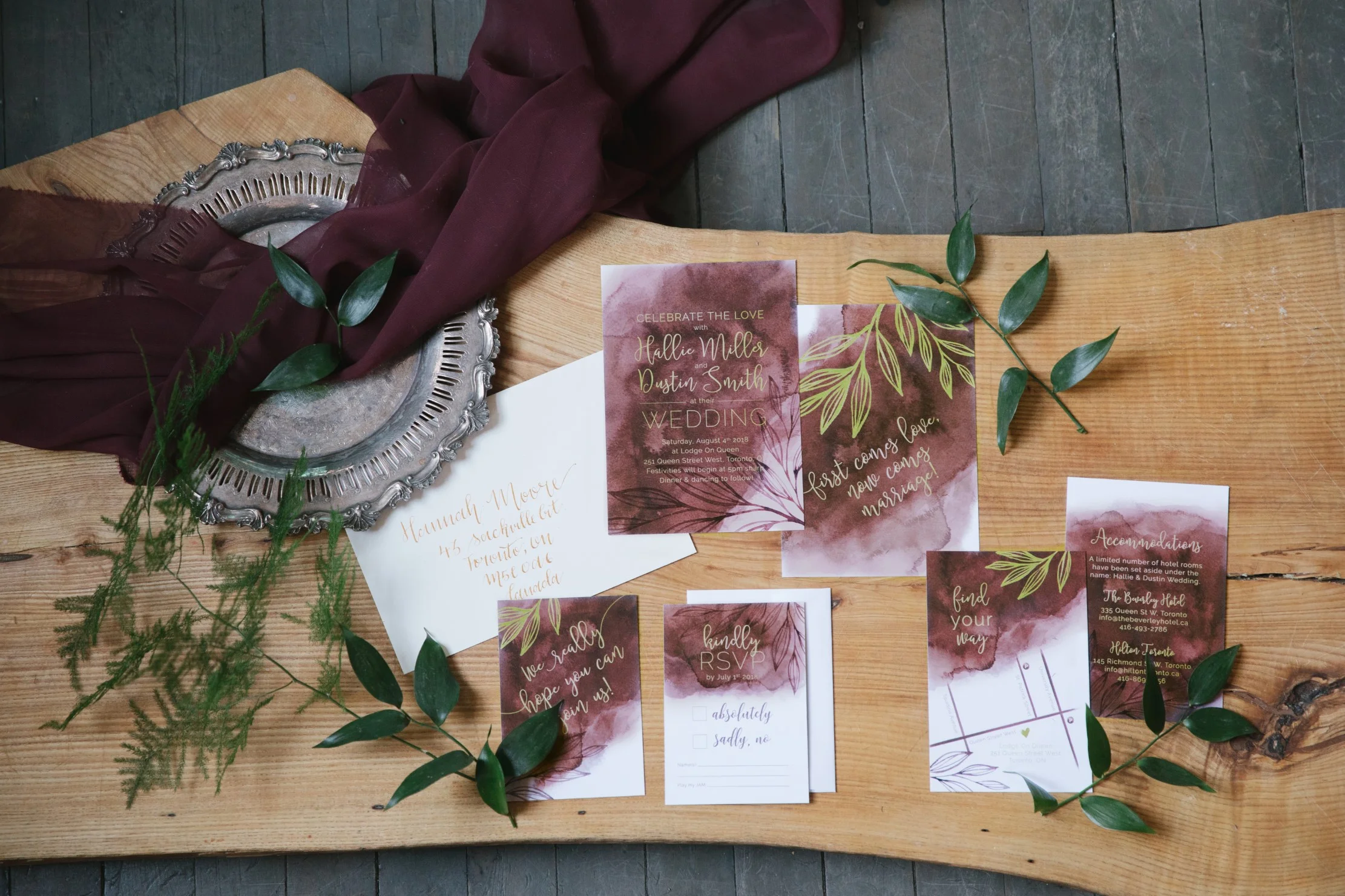 Watercolour Painted Wash with Leaves – Marsala Wedding Invitations and Stationery by Alicia's Infinity - www.aliciasinfinity.com