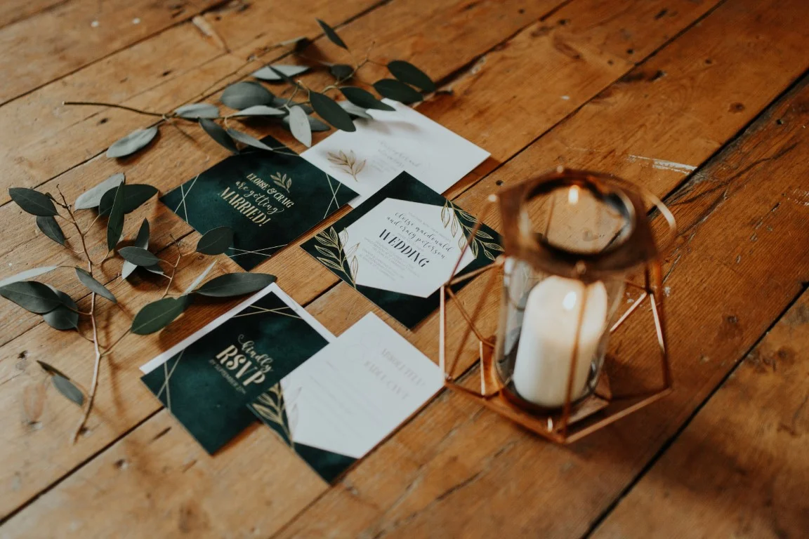 Emerald Forest Green Watercolour with Geometric Hexagon and Leaves Wedding Invitations and Stationery by Alicia's Infinity - www.aliciasinfinity.com