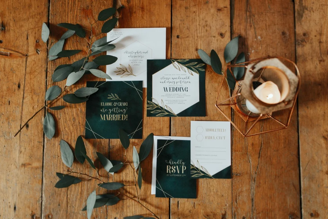 Emerald Forest Green Watercolour with Geometric Hexagon and Leaves Wedding Invitations and Stationery by Alicia's Infinity - www.aliciasinfinity.com