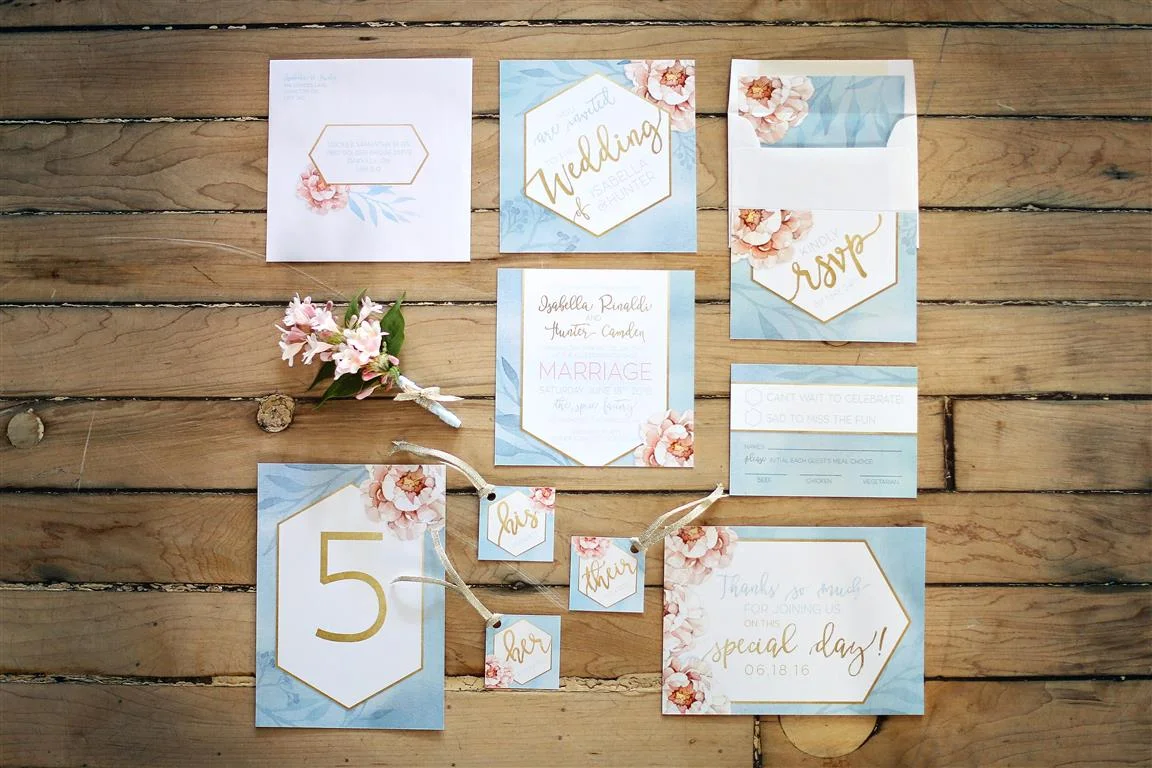 Gold Geometric and Botanical Floral Watercolour Wedding Invitations and Stationery by Alicia's Infinity - www.aliciasinfinity.com