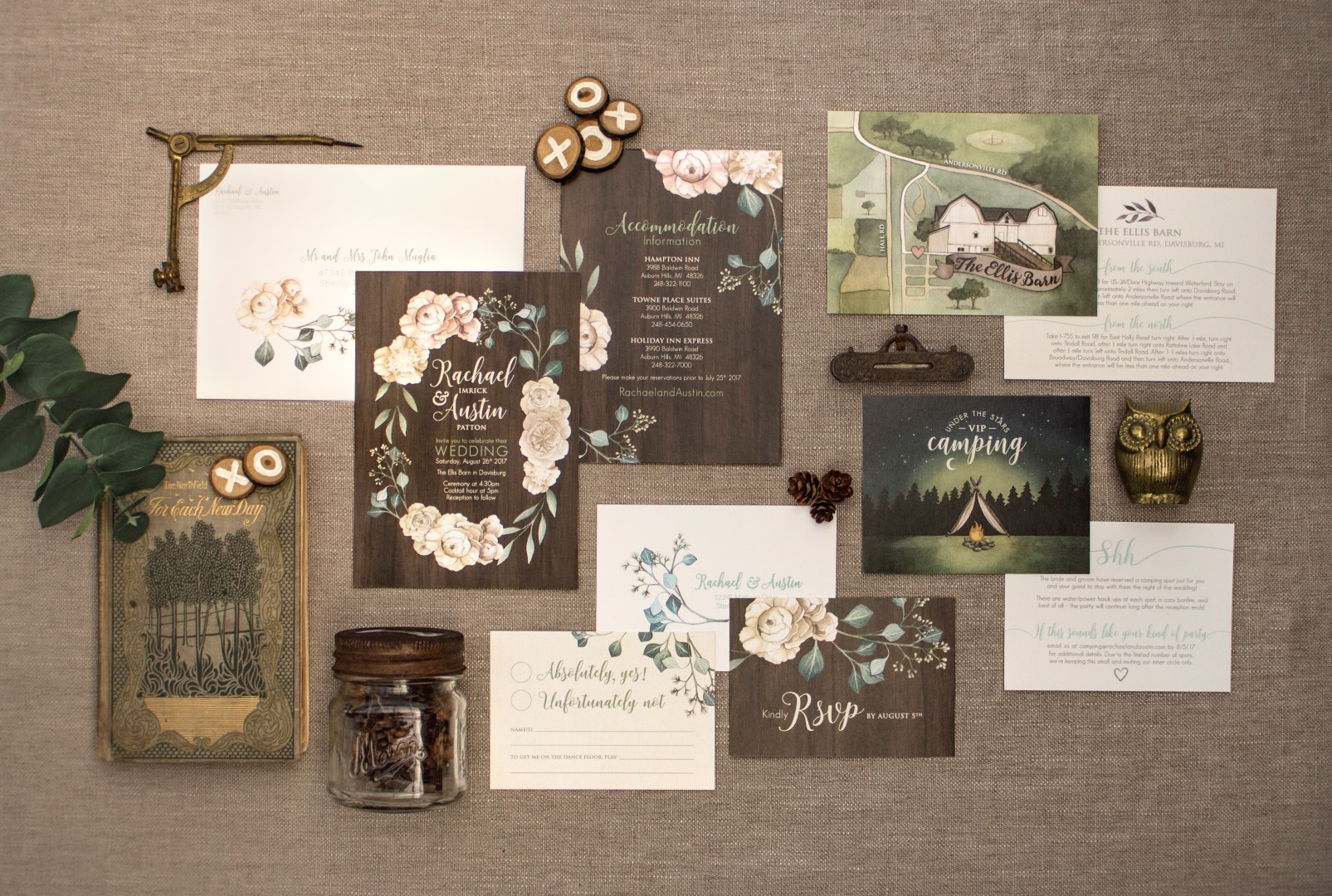 Rustic Wood Floral Wreath and Camping Wedding Invitations by by Alicia's Infinity - www.aliciasinfinity.com