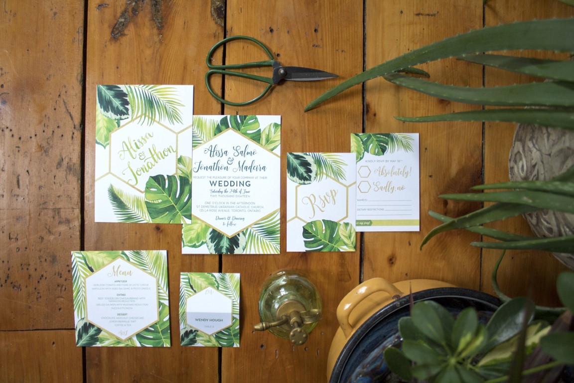 Tropical Palm and Monstera Leaves Watercolour Wedding Invitations by by Alicia's Infinity - www.aliciasinfinity.com