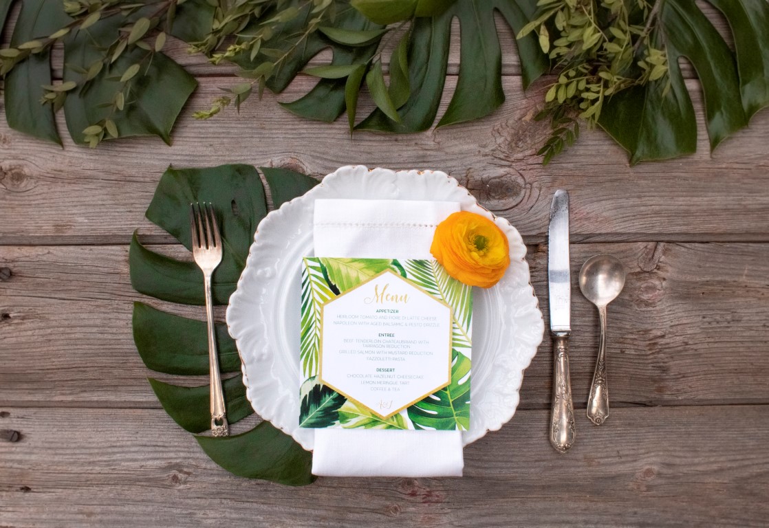 Tropical Palm and Monstera Leaves Watercolour Wedding Invitations by by Alicia's Infinity - www.aliciasinfinity.com