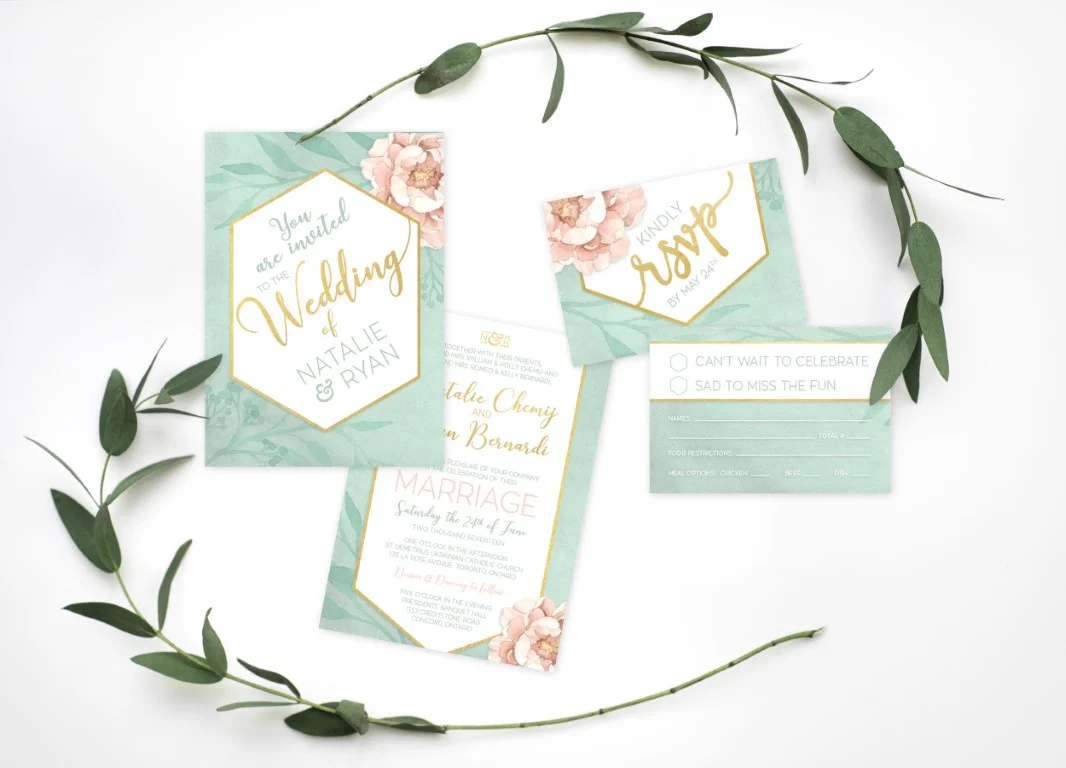 Gold Geometric and Botanical Floral Watercolour Wedding Invitations and Stationery by Alicia's Infinity - www.aliciasinfinity.com