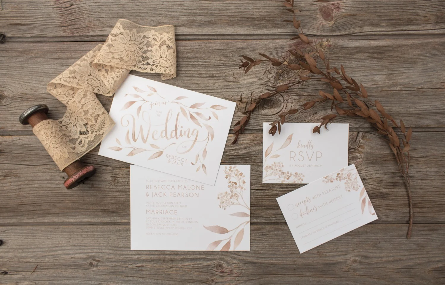 Monochromatic Blush or Teal Watercolour Leaves and Typography Wedding Invitations by Alicia's Infinity - www.aliciasinfinity.com