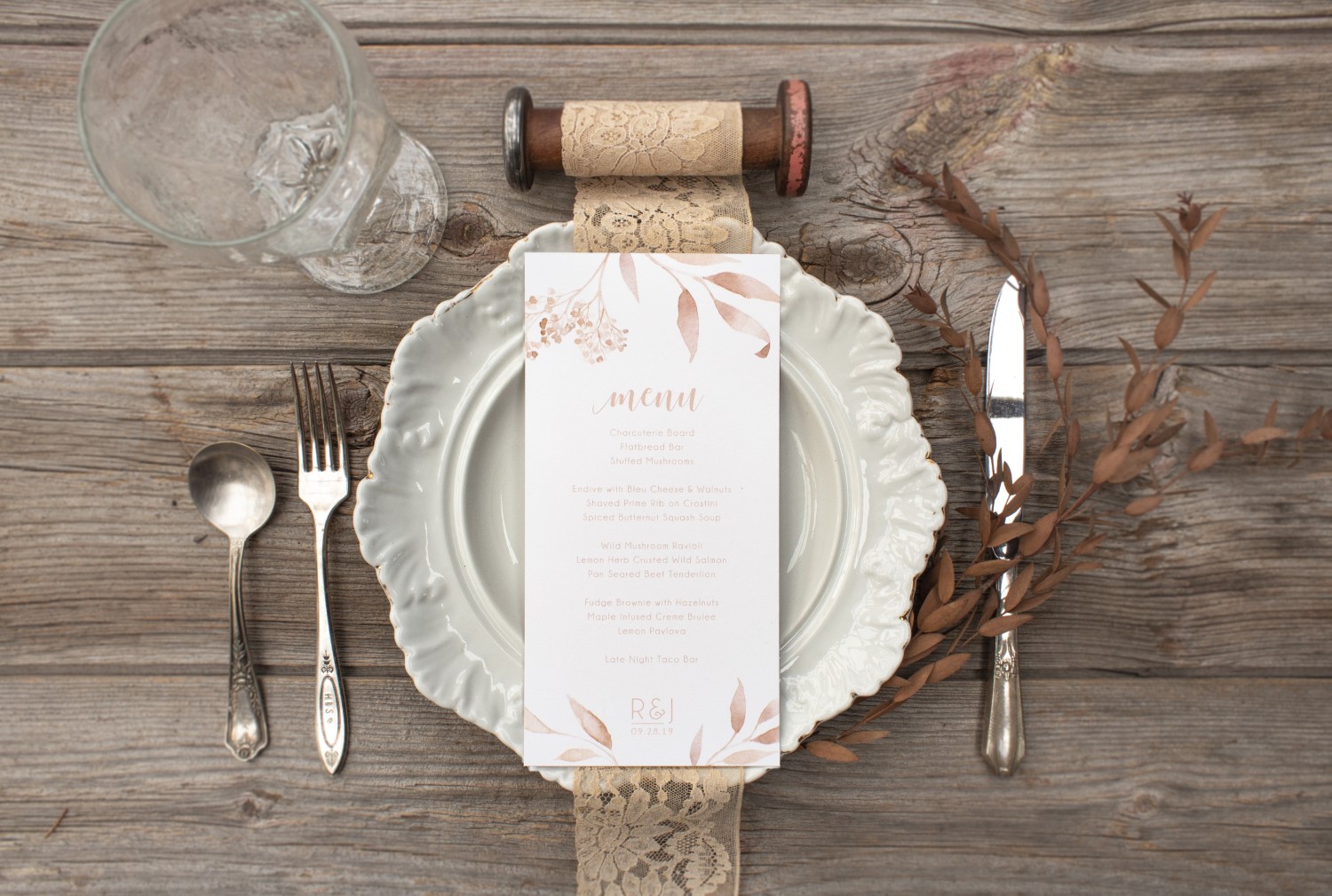 Monochromatic Blush or Teal Watercolour Leaves and Typography Wedding Menu by Alicia's Infinity - www.aliciasinfinity.com