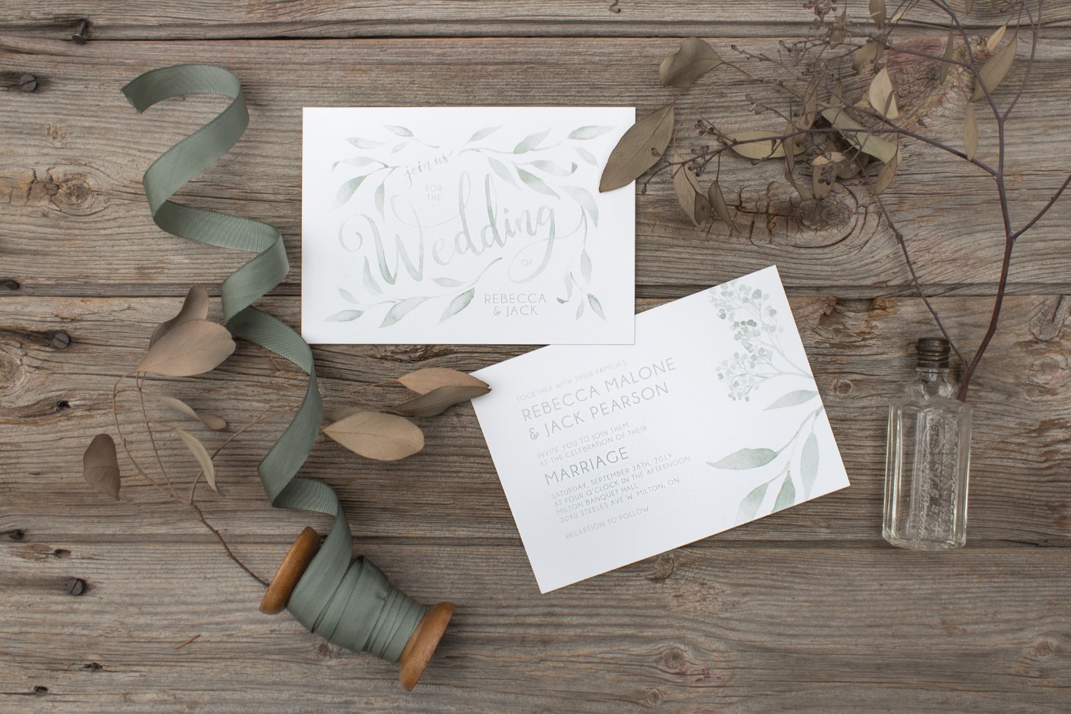 Monochromatic Blush or Teal Watercolour Leaves and Typography Wedding Invitations by Alicia's Infinity - www.aliciasinfinity.com