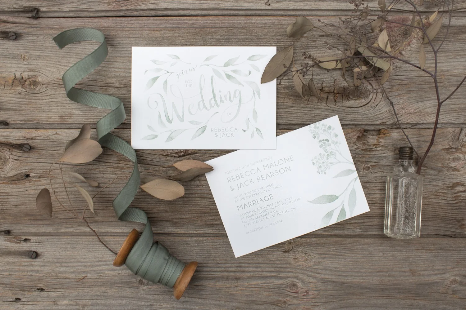 Monochromatic Blush or Teal Watercolour Leaves and Typography Wedding Invitations by Alicia's Infinity - www.aliciasinfinity.com