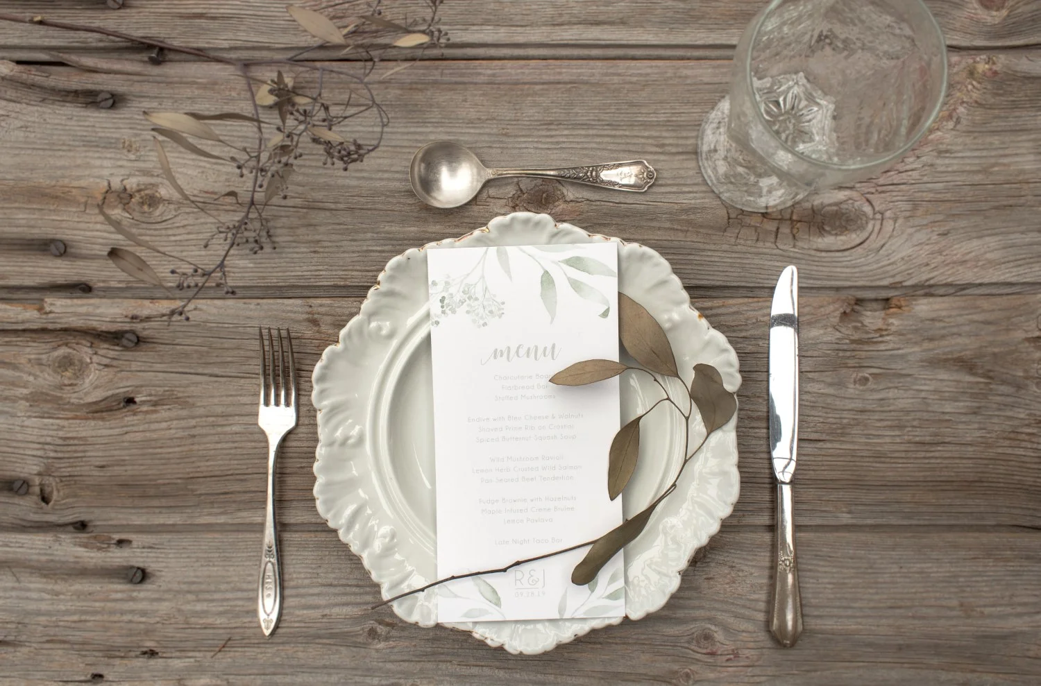 Monochromatic Blush or Teal Watercolour Leaves and Typography Wedding Menu by Alicia's Infinity - www.aliciasinfinity.com