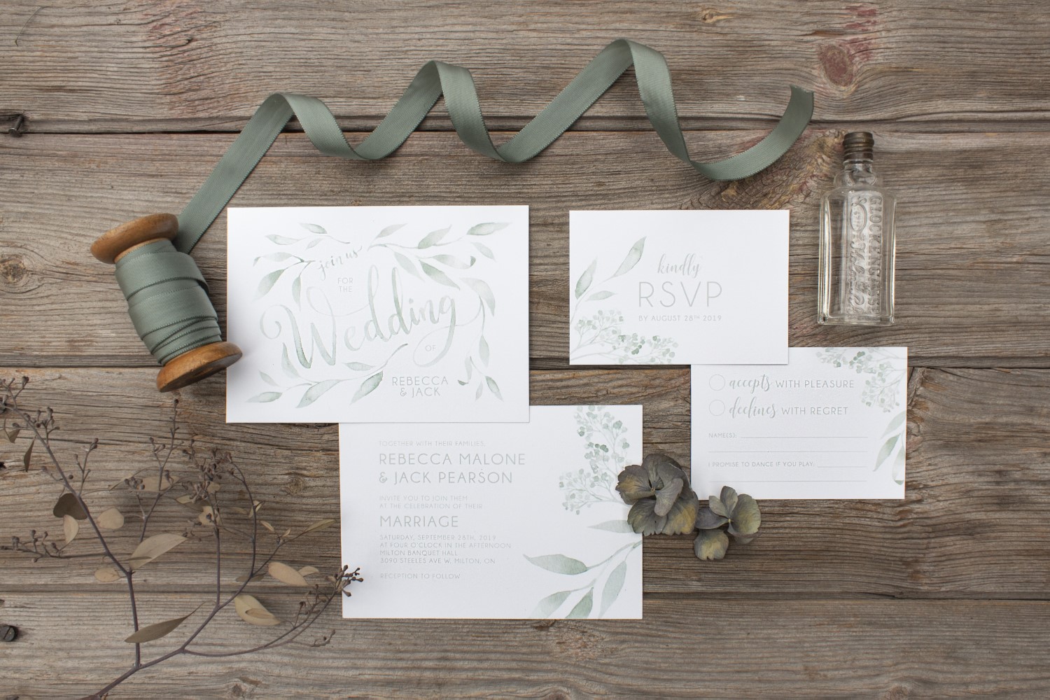 Monochromatic Watercolour Leaves and Typography Wedding Invitations