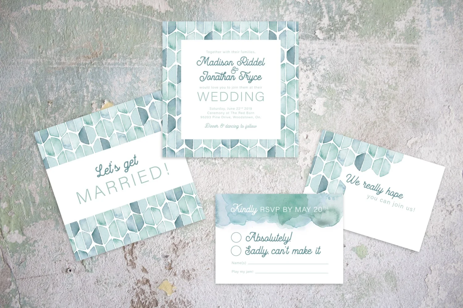 Hexagon Patterned Modern Watercolour Wedding Invitations by Alicia's Infinity