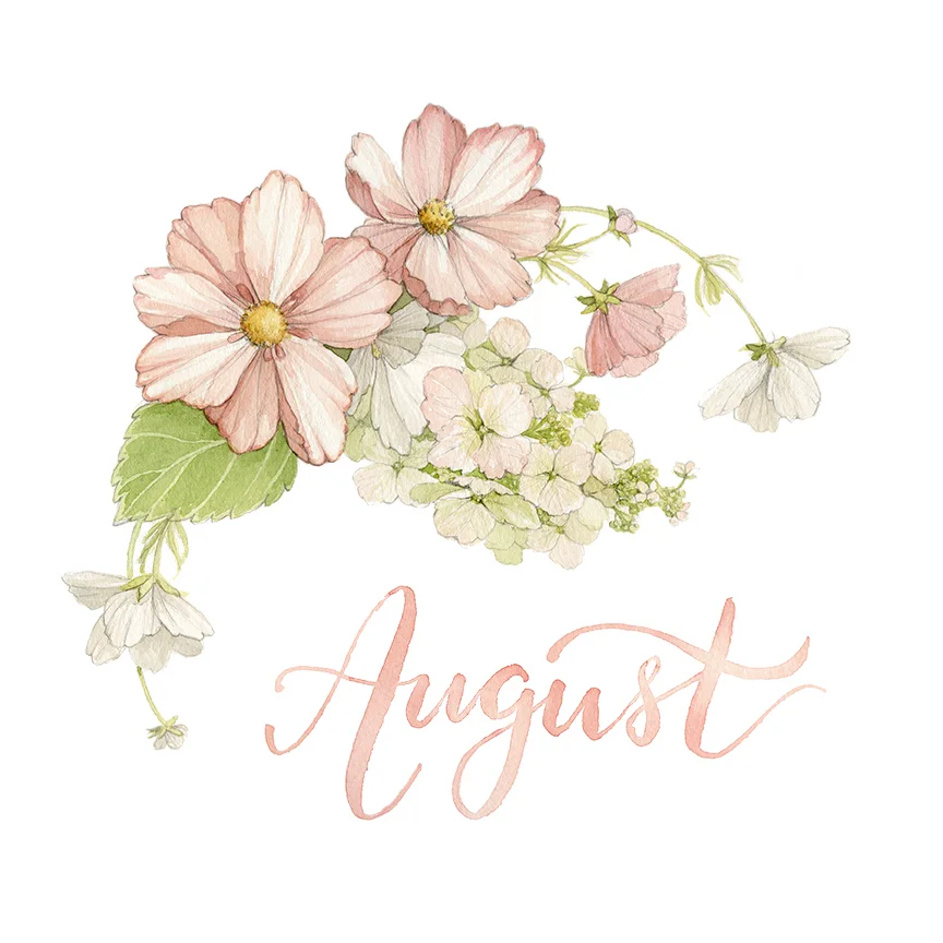 August Monthly Watercolour Floral Wreath Illustration