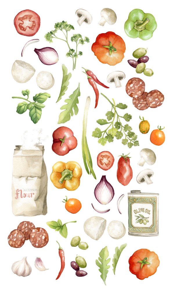 Pizza Ingredients & Toppings Food Illustration