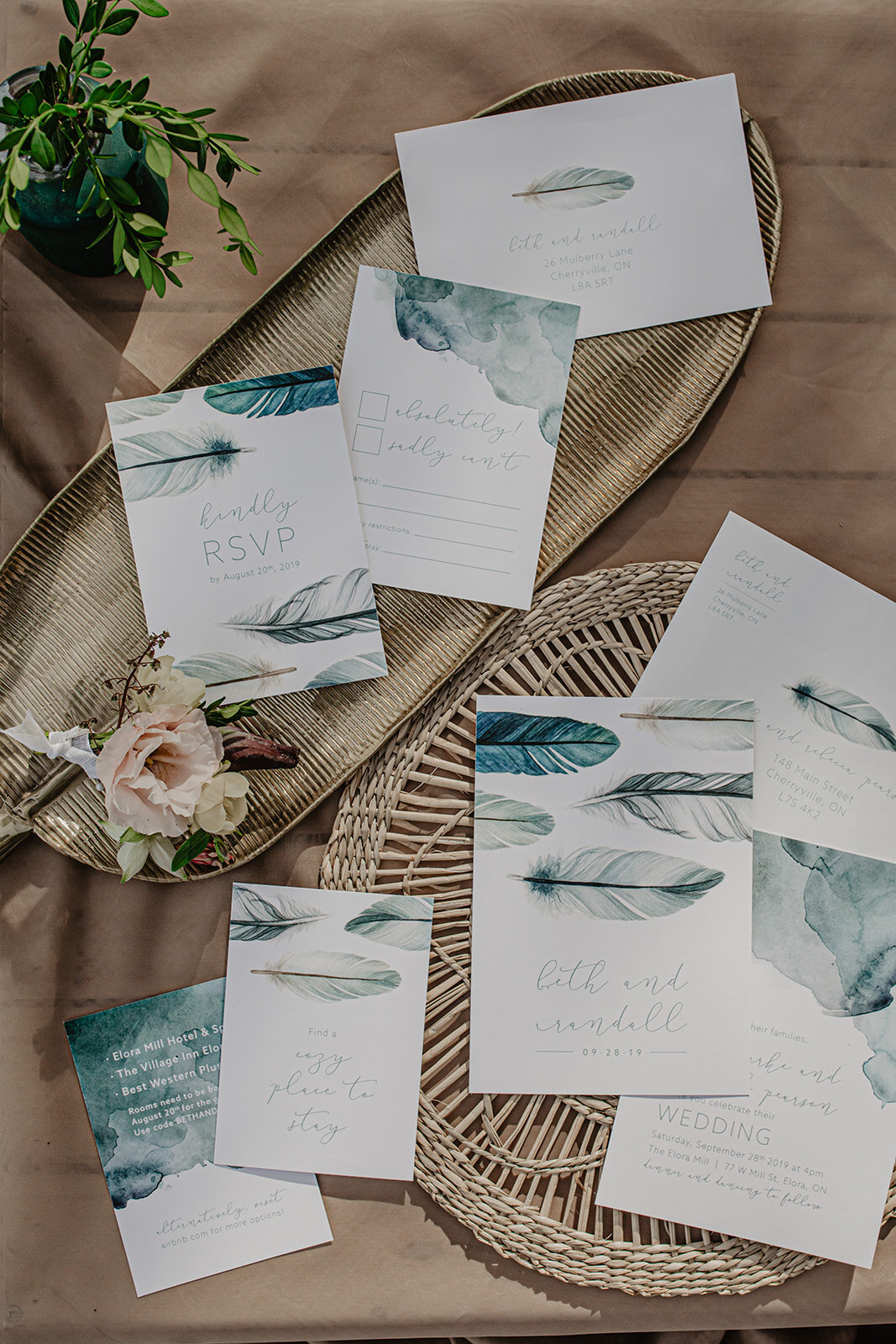  Wedding Invitations and stationery for a boho, free-spirited couple! These delicate blue and teal feathers are soft but detailed, and hand painted! They add a special touch to your big day. They can be ordered in mauve/blush as well! 
