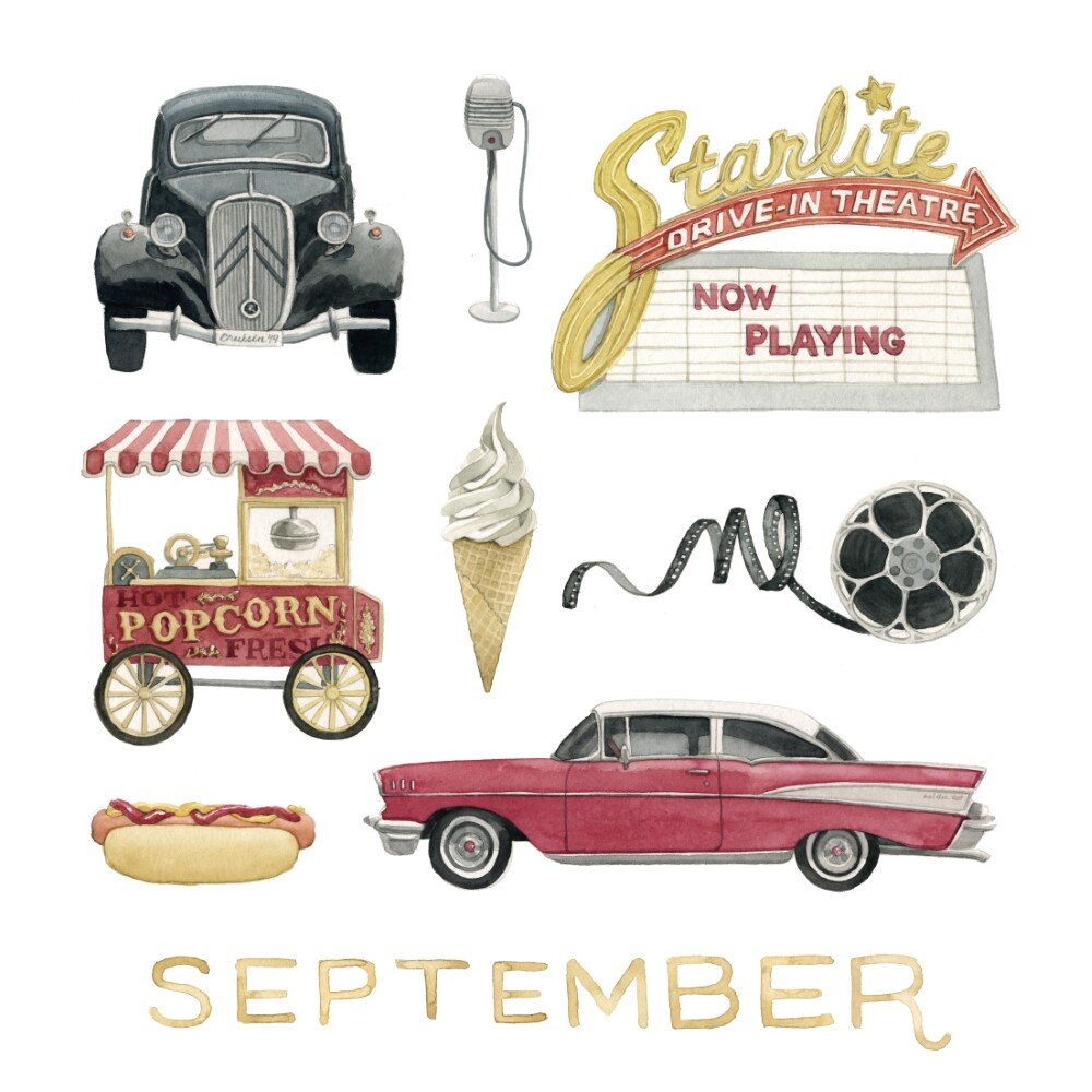 September - Drive in Theatre - Vintage Car illustration