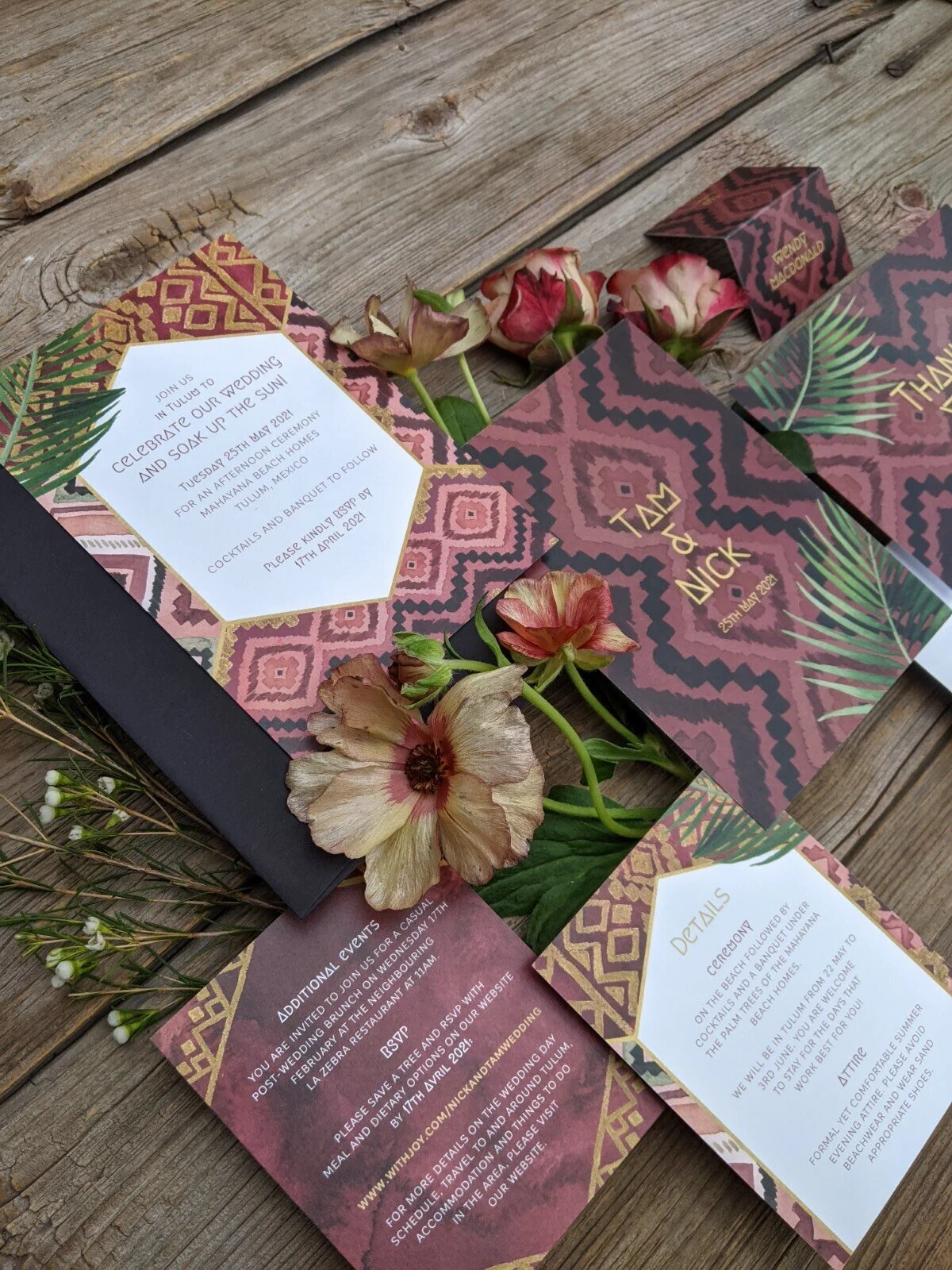 Aztec Rug & Tropical Leaves Boho Wedding Invitations — Alicia's Infinity