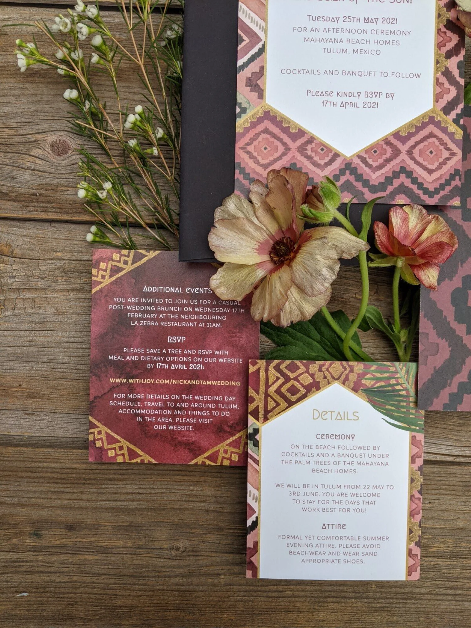 Aztec Rug & Tropical Leaves Boho Wedding Invitations — Alicia's Infinity