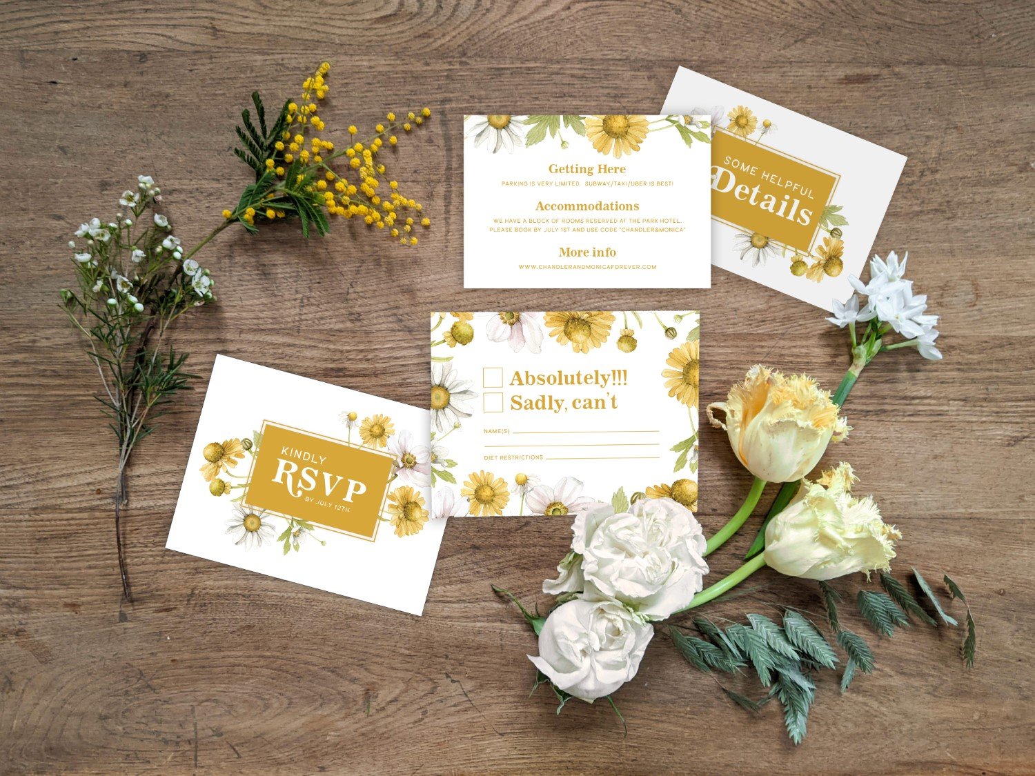Yellow, cheerful &amp; bright floral wedding invitations and stationery
