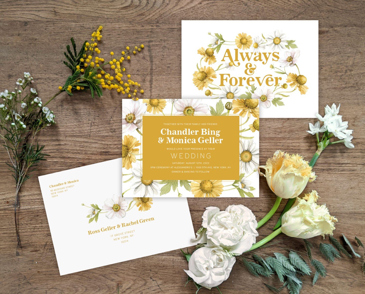 Yellow, cheerful &amp; bright floral wedding invitations and stationery