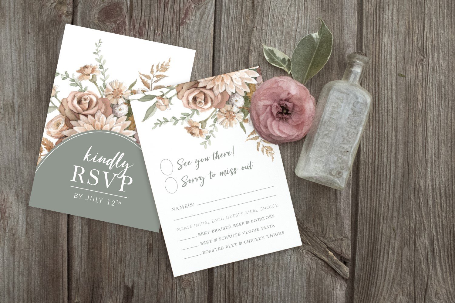Sage Green and Rust Romantic Floral Wedding Invitations and Stationery