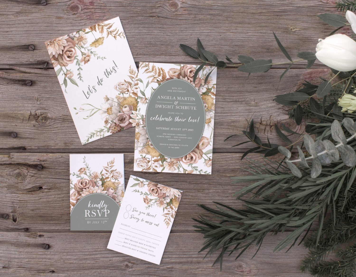 Sage Green and Rust Romantic Floral Wedding Invitations and Stationery