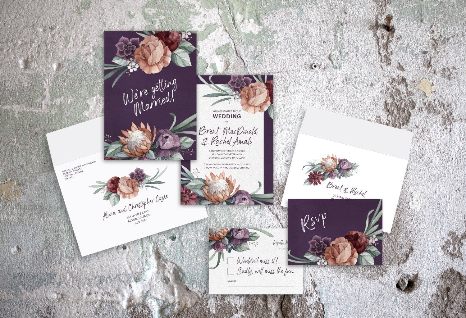 Protea, Peony and Succulent Watercolour Wedding Invitations and Stationery by Alicia's Infinity - www.aliciasinfinity.com