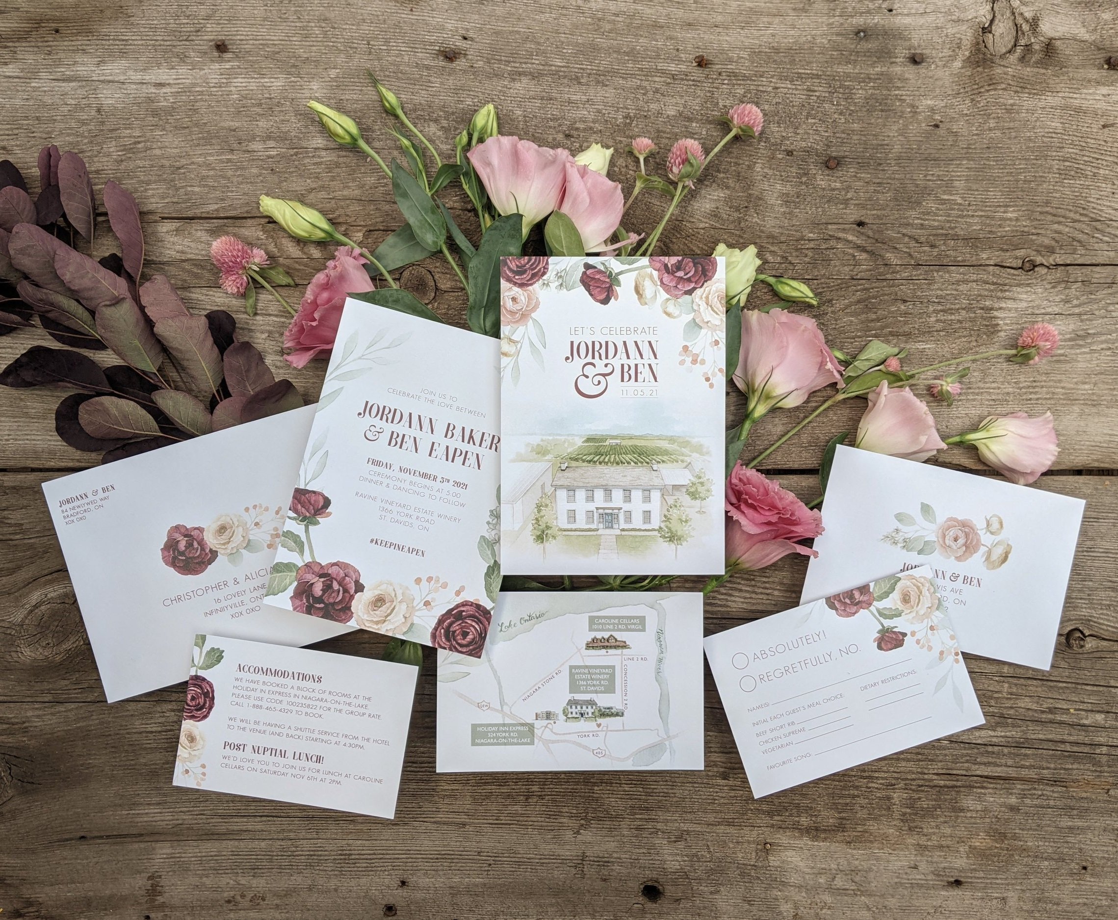 Custom Venue Painting  with Burgundy Ranunculus &amp; Eucalyptus Watercolour Wedding Invitation