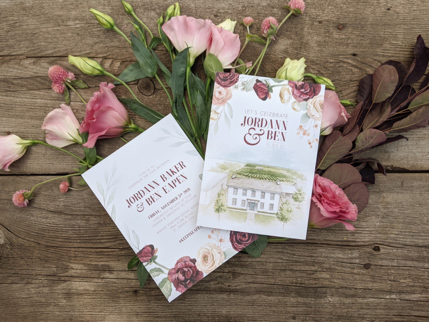 VENUE PAINTING  WITH BURGUNDY RANUNCULUS & EUCALYPTUS