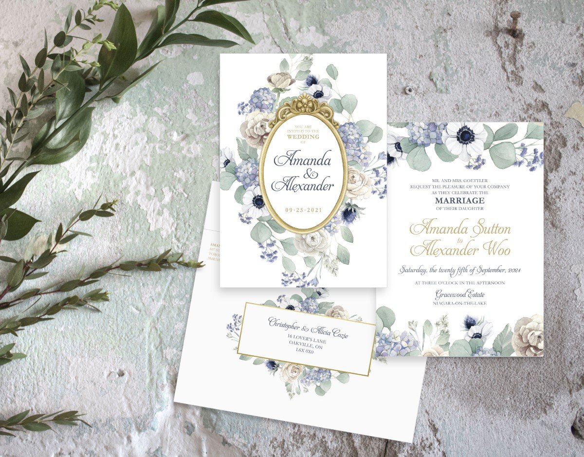 Blue florals with Hydrangea, anemone &amp; Thistle Wedding Invitations