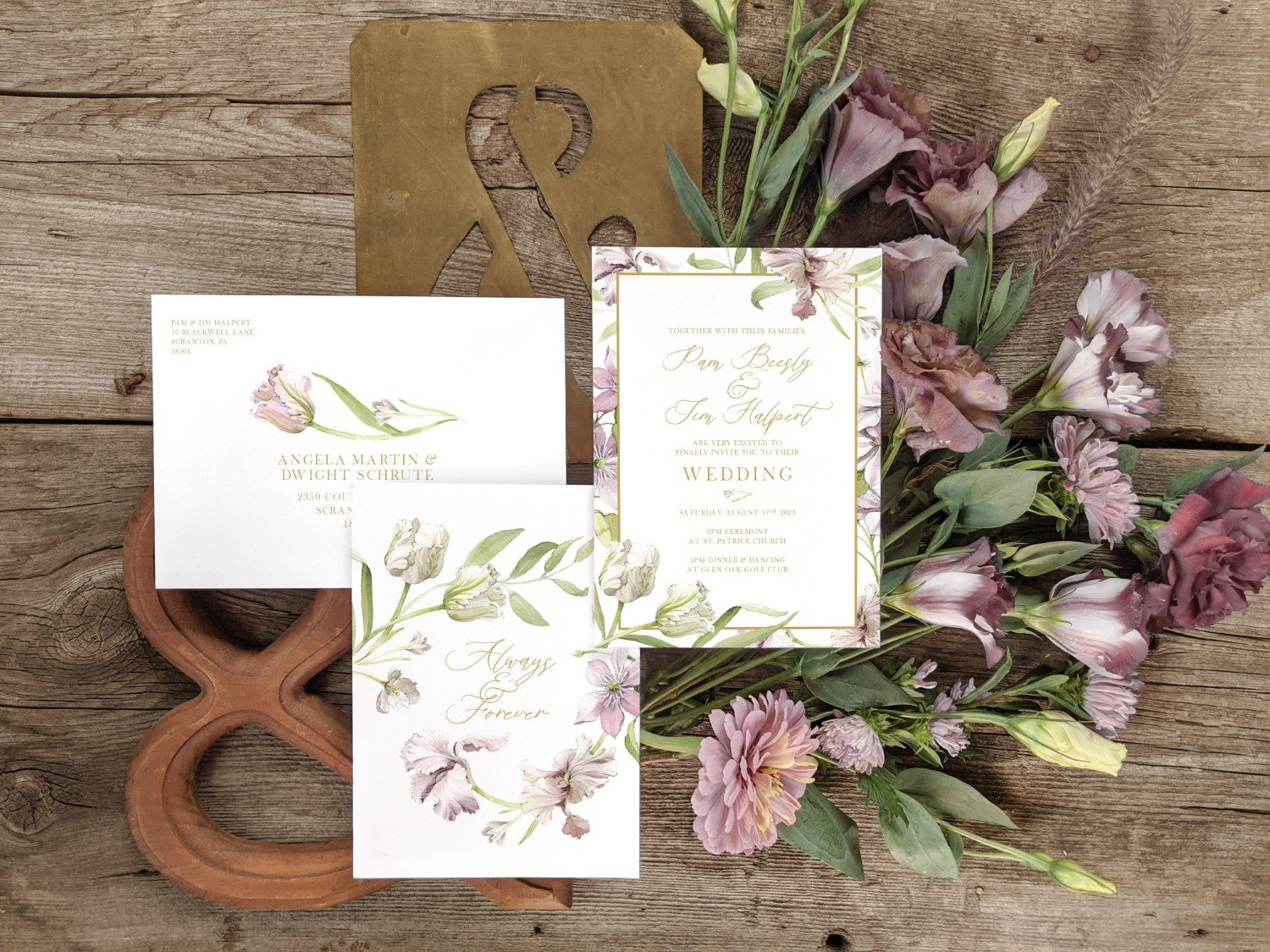 Purple Tulips and Iris Floral Watercolour Wedding Invitations