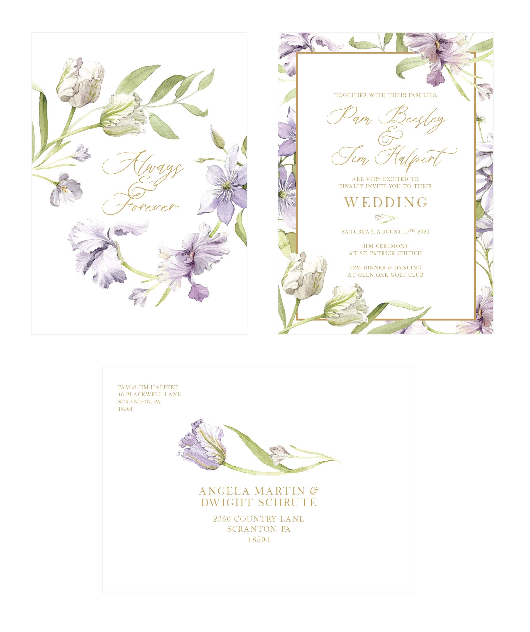 Purple Tulips and Iris Floral Watercolour Wedding Invitations